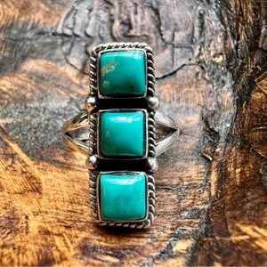 925 Sterling Silver Turquoise Triple Stone Ring Size 7.5